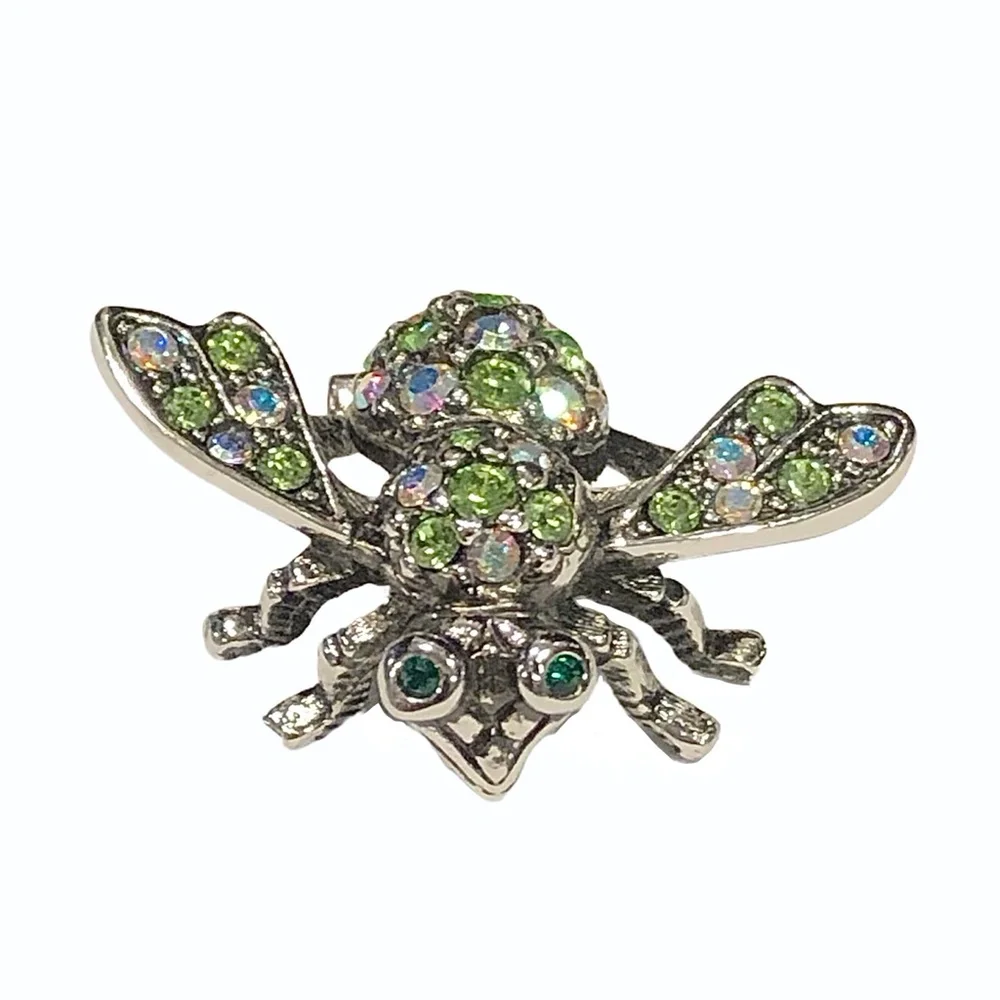 JOAN RIVERS CLEAR AURORA BOREALIS & GREEN CRYSTALS SILVER TONE BUMBLEBEE BROOCH